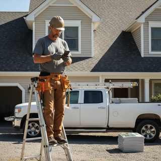 Roofing contractor checking his phone on a jobsite ladder, illustrating fast roofing lead response time