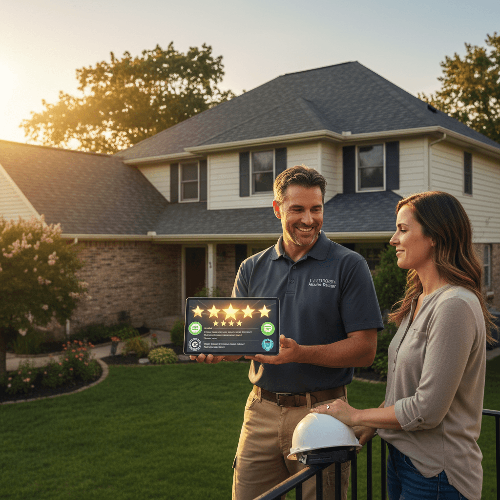 Roofing contractor showing homeowner trust signals like reviews and certifications on a roofing website
