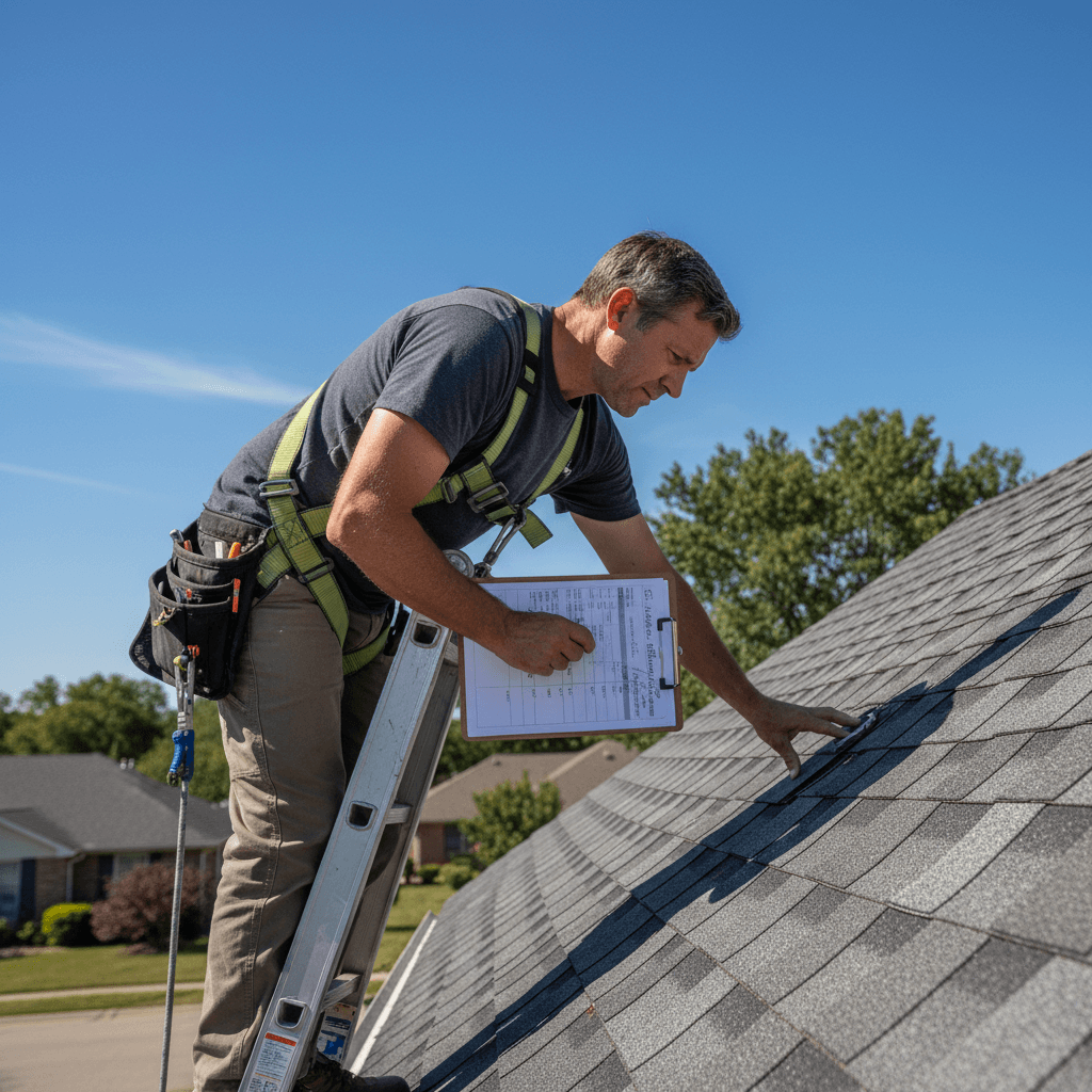 Roofing contractor inspecting a residential roof while reviewing a cost estimate, representing high-intent roofing keywords like roof replacement cost