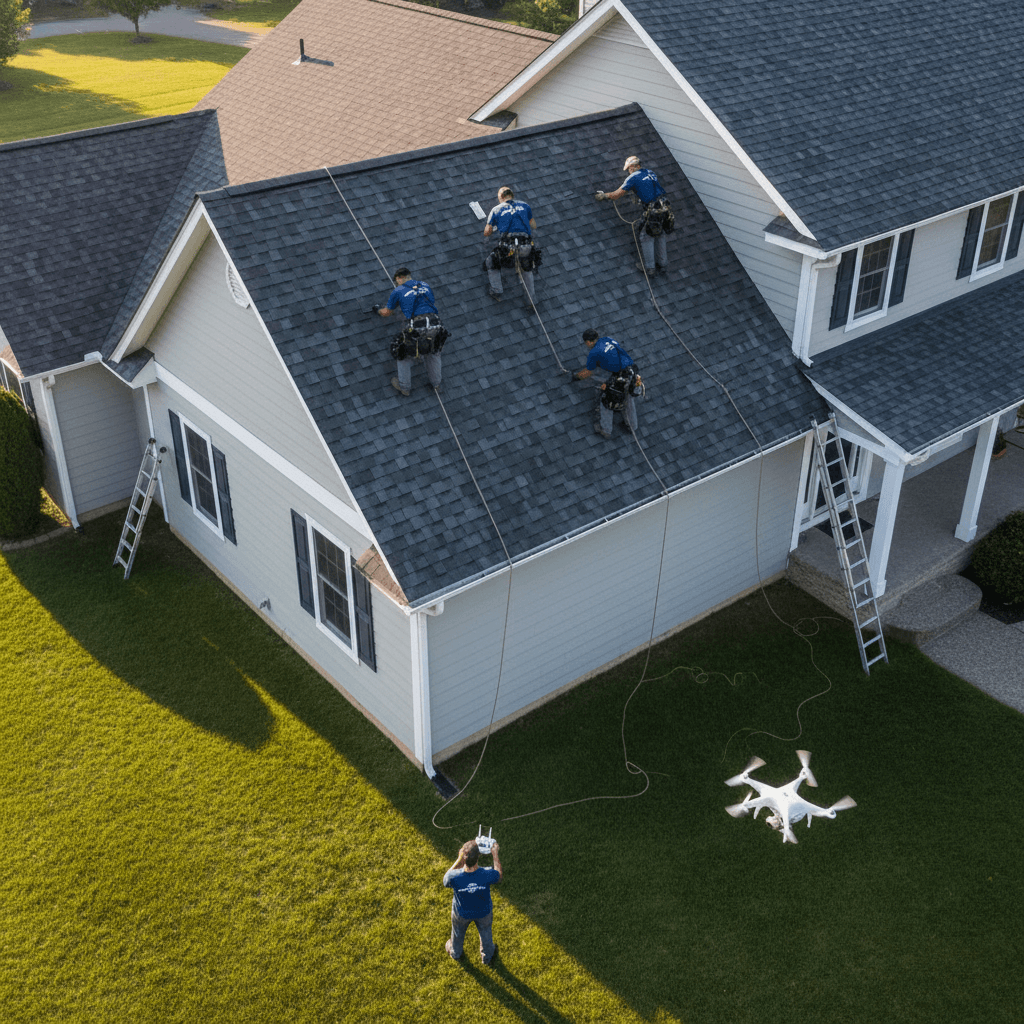 Roofing video marketing in action: a roofing crew films drone footage of a shingle roof on a suburban home
