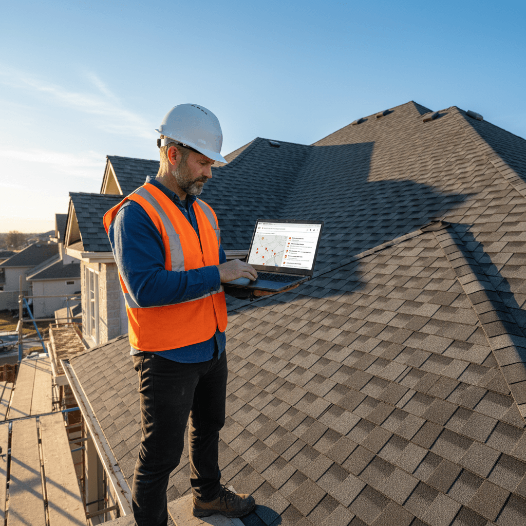 Roofing contractor comparing roofing SEO services and Google Ads search results on a laptop at a job site