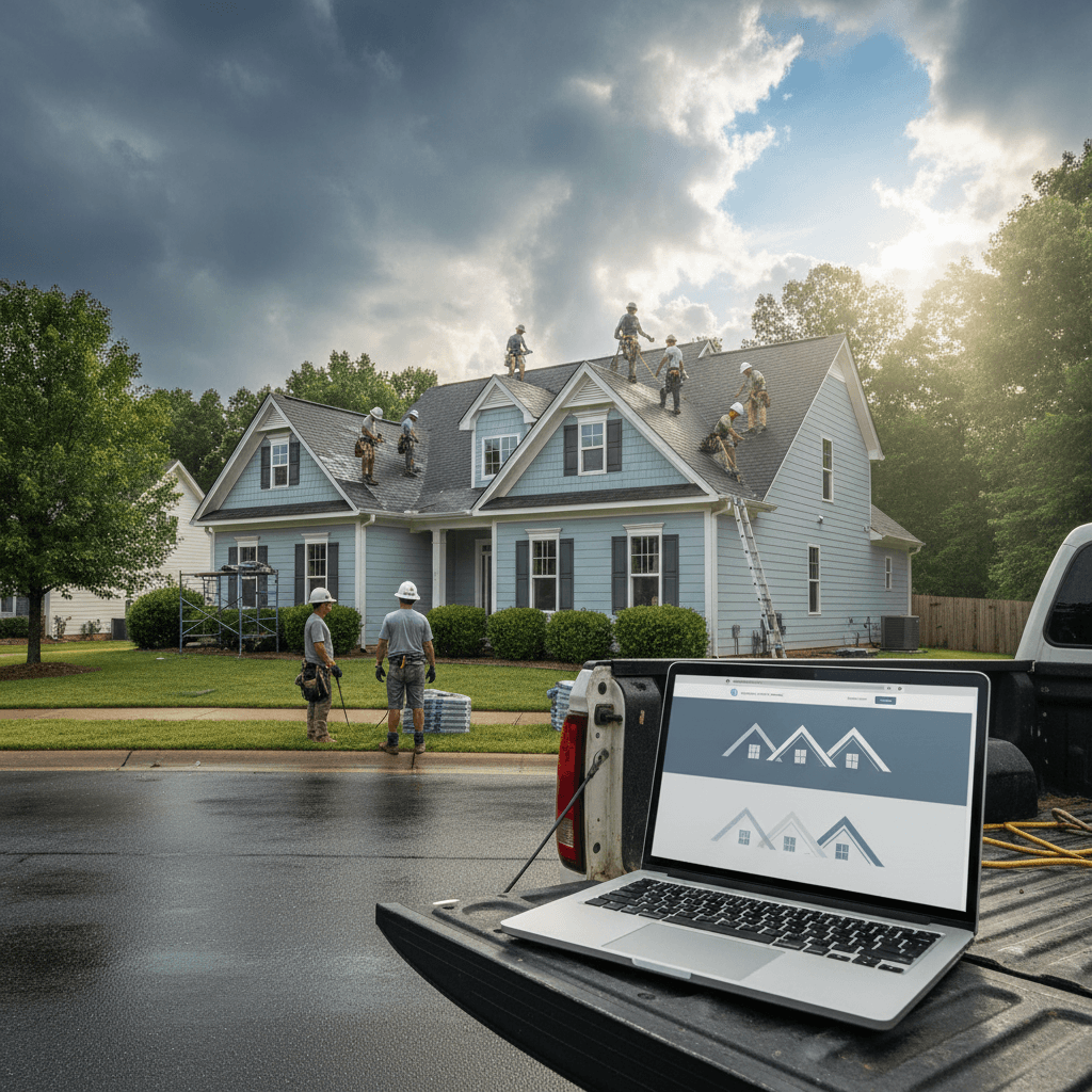 North Carolina roofing website design shown on a laptop at a suburban home job site