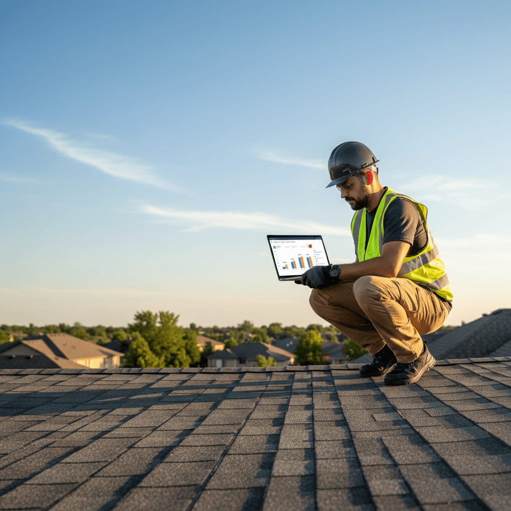 Roofing SEO experts reviewing local search rankings on a laptop on a shingled rooftop