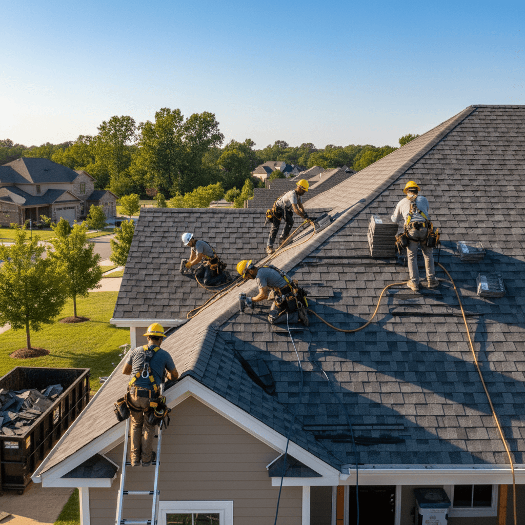 Best roofing SEO companies — a roofing crew installing asphalt shingles on a suburban home