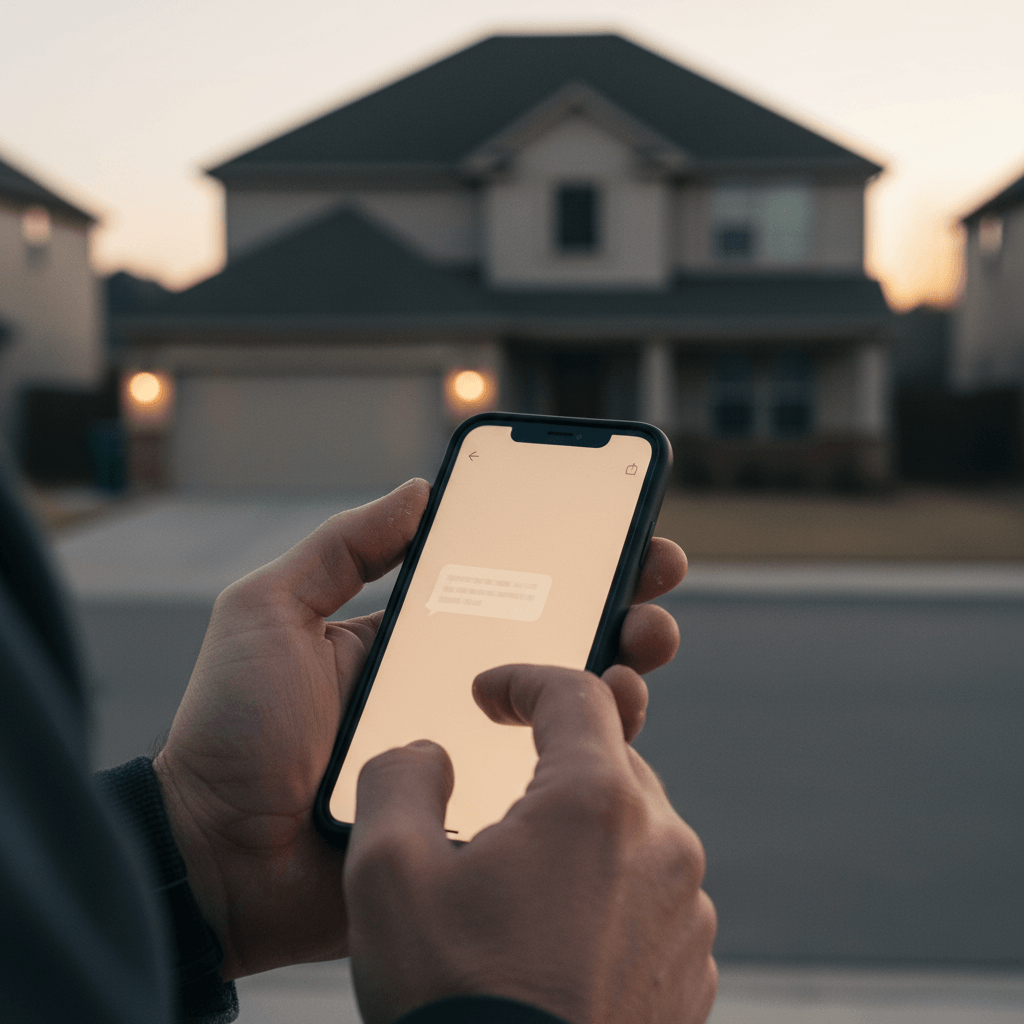 AI sales agent for roofers capturing a lead on a smartphone at dusk outside a shingle-roof home
