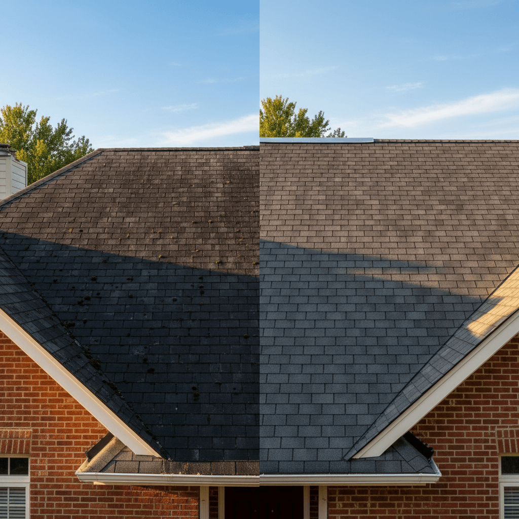 Before-and-after roofing photos showing a worn shingle roof next to a newly installed shingle roof