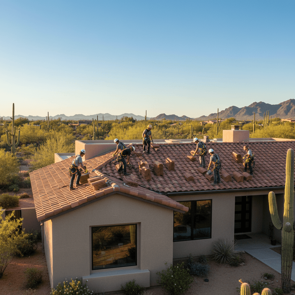 Arizona roofing website design - roofing crew installing clay tile on a desert home under a bright Arizona sky