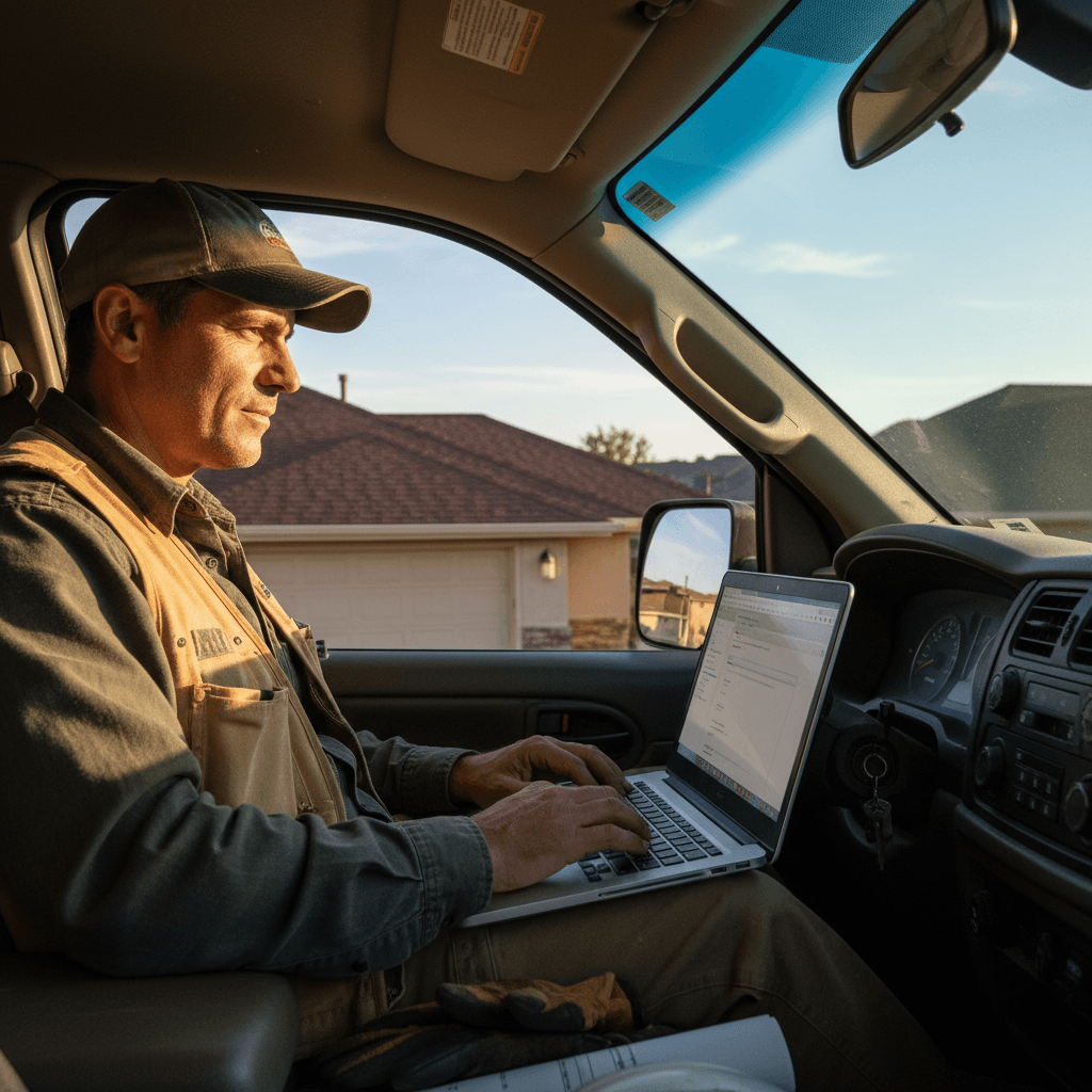 Roofing contractor using roofing email marketing to follow up with leads on a laptop